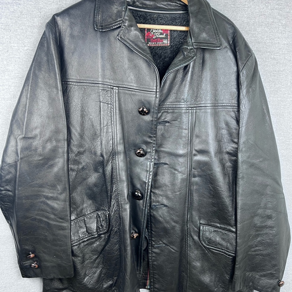 Vintage Golden Thread Brill Bros Milwaukee Black Leather Car Coat Jacket Mens 46